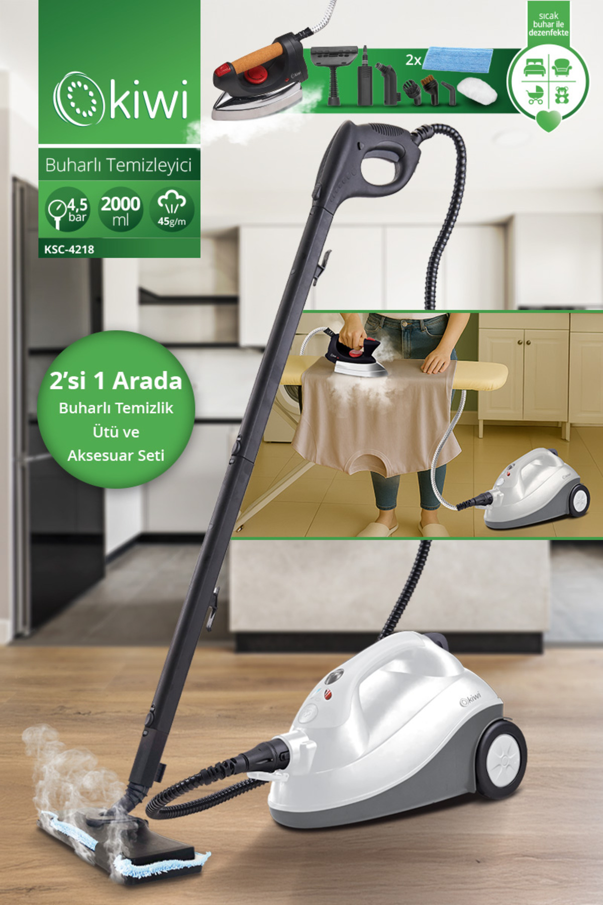 2’si 1 Arada Buharlı Temizleyici + Kazanlı Ütü KSC-4218 | 4.5 Bar, 2000W, 2000 ml, 15 Aksesuar