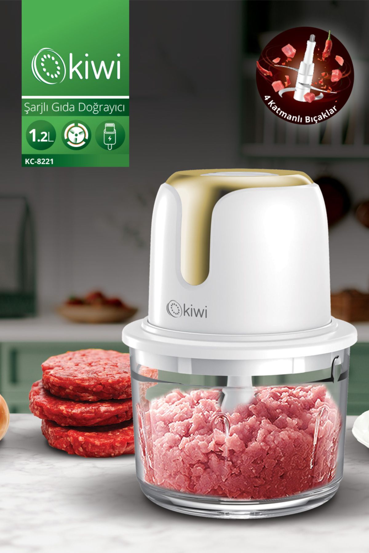 Kc-8221 Kablosuz Şarjlı Gıda Doğrayıcı – 1.2L Cam Hazne, Paslanmaz Çelik Bıçaklı Mutfak Robotu